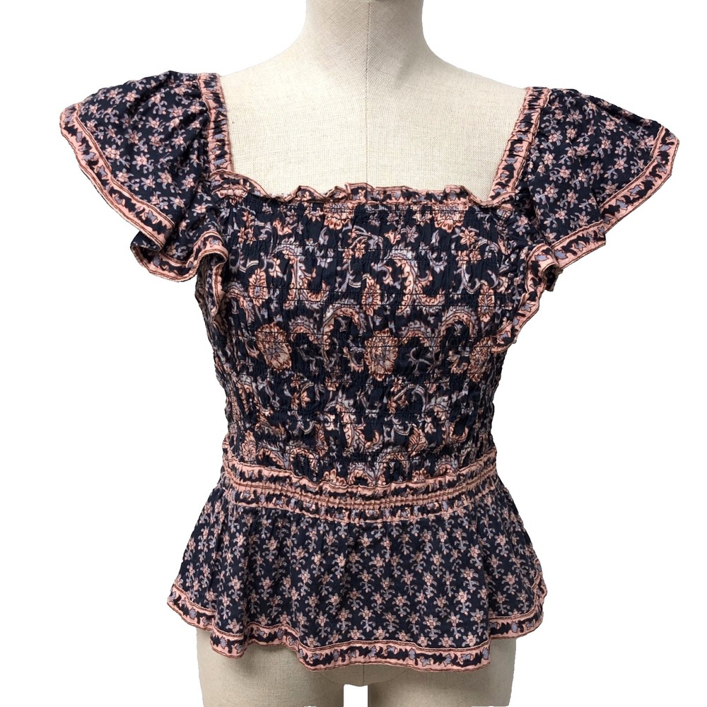 SEA Smocked Baby Doll Top Blouse Womens Small Floral Blue Flutter Sleeve Boho